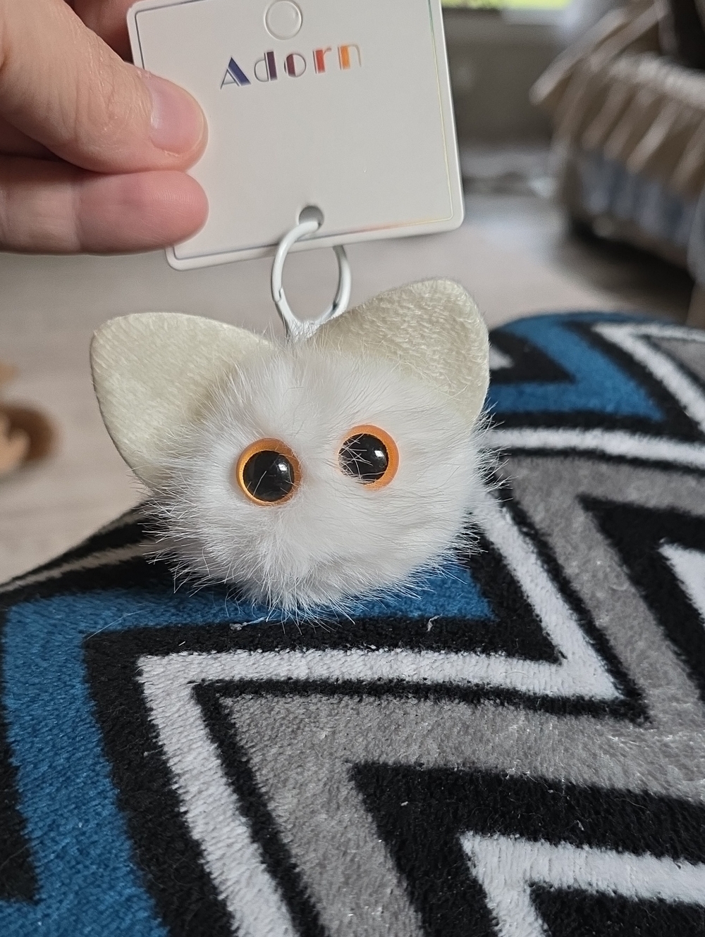 White Faux Fur Cat Toy Keychain with Orange Eyes